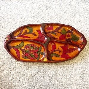 Vintage Mid Century Wooden Serving Tray Platter Boho Exotic Wood Divided Carved